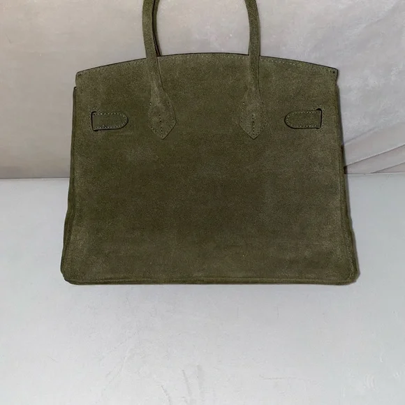 Nee 30cm genuine suede army green top handle handbag Satchels